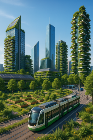 Eco city skyline with renewable energy solutions