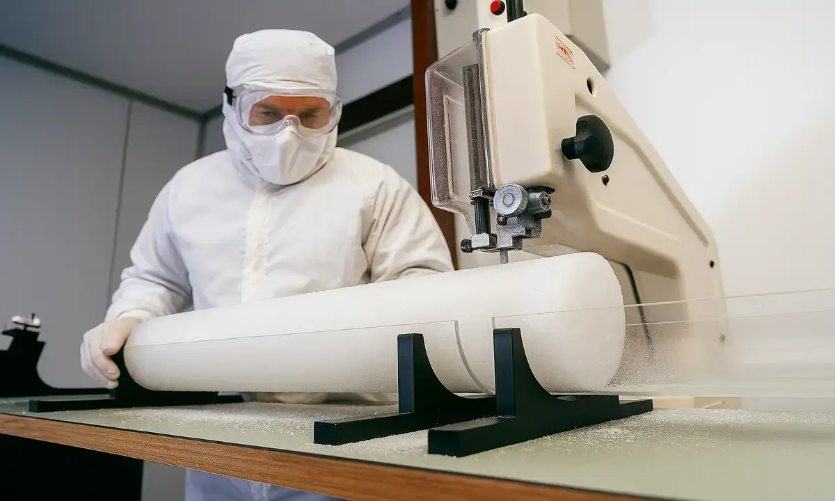 Scientist examining ice core in a lab