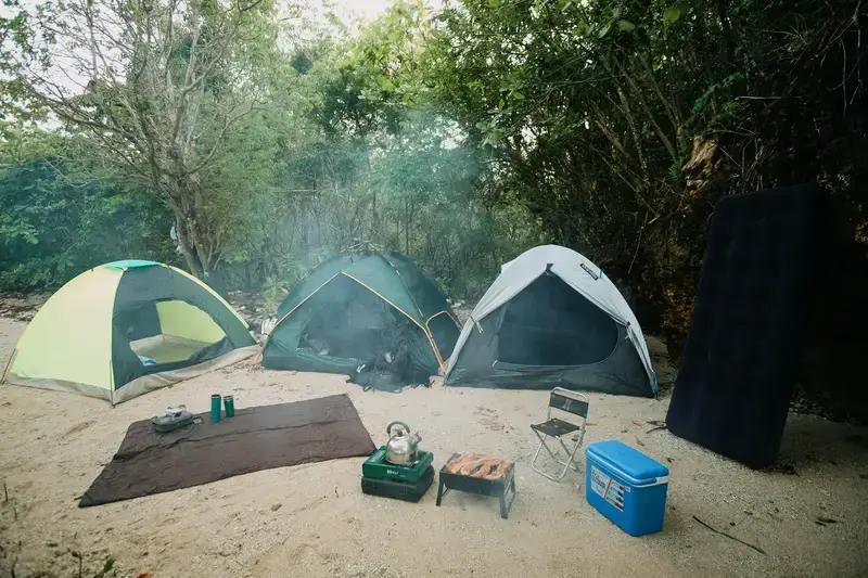Family camping in tent